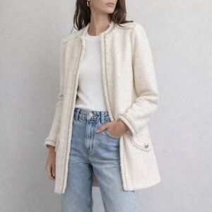Zara Cotton Wool Ivory Ecru Tweed Long Sleeve Middle Cardigan XS